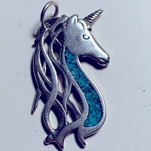 Vintage Sterling With Mosaic Turquoise Inlay Unicorn Pendant